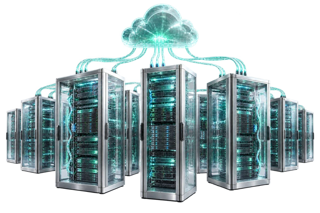 A managed hosted infrastructure facility with multiple engineered glass server racks