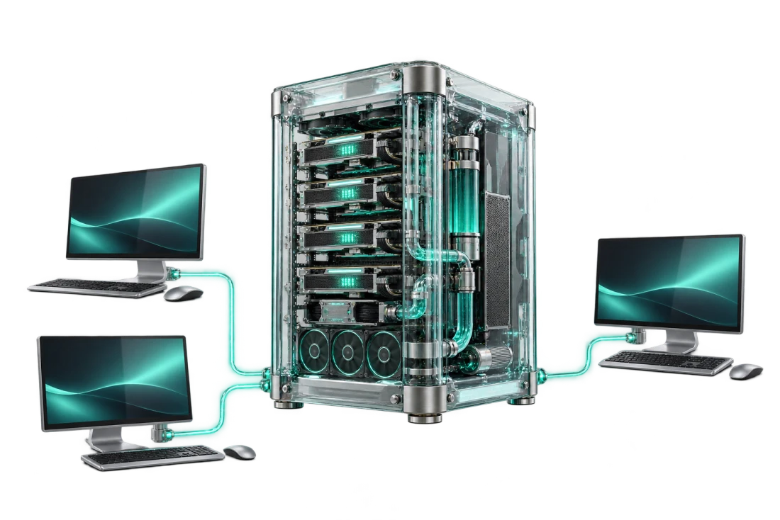 An engineered glass on-premise AI server serving several internal workstations