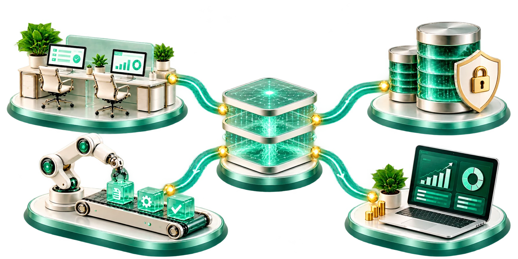 An AI orchestration core coordinating people, secure data, physical automation and business analytics