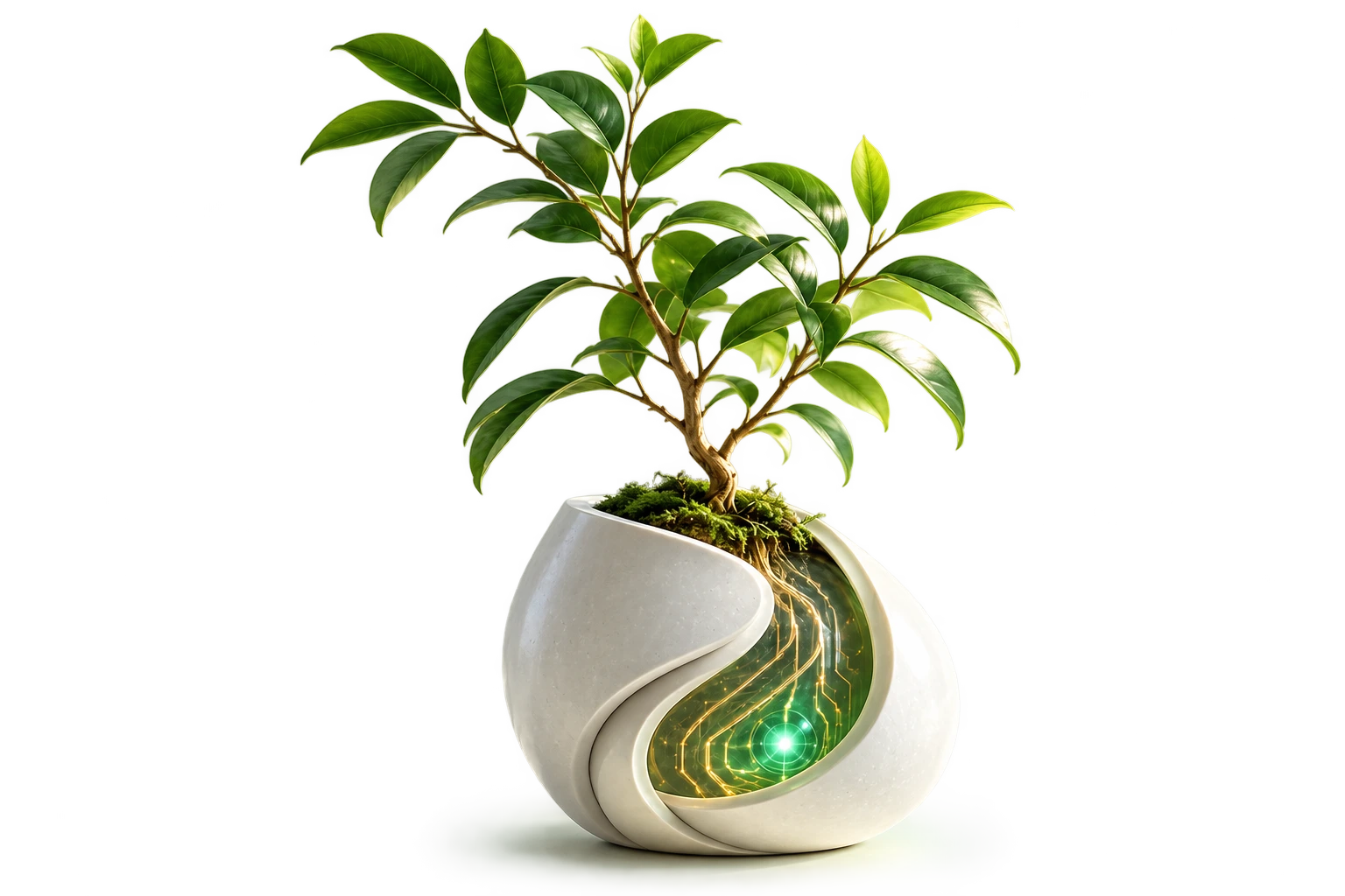 A living plant growing from an AI-powered foundation