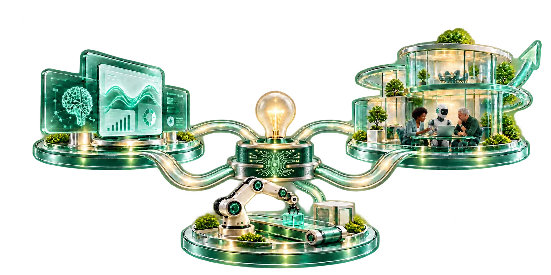A connected AI platform linking digital intelligence, a human and AI venture team, and physical technology around a shared idea