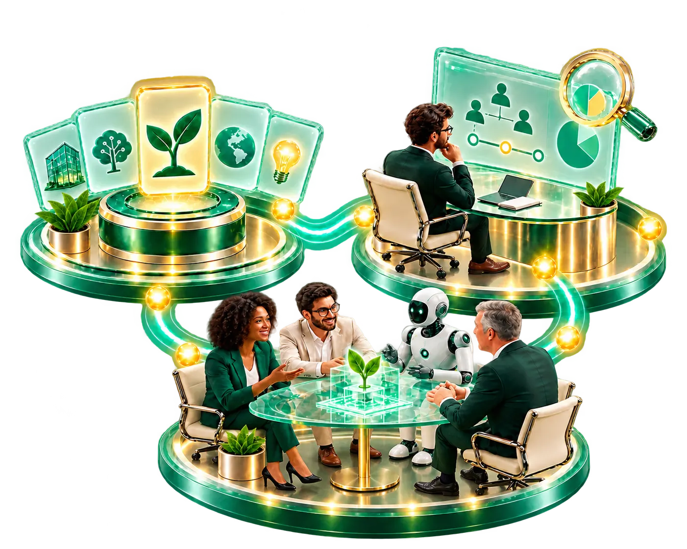 An investor choosing an AI venture, reviewing it and joining founders and an AI robot at the table